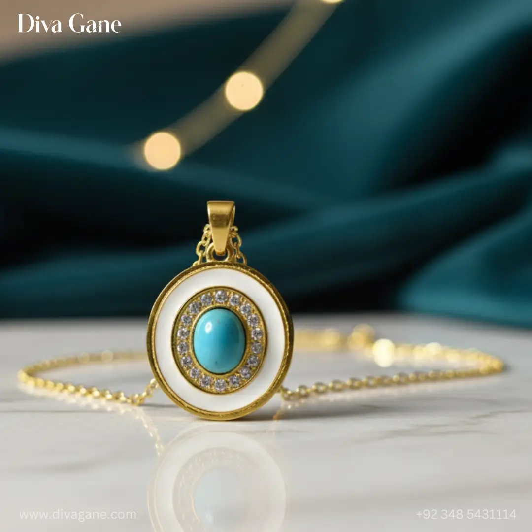 celestial turquoise evil eye medallion – white enamel & gold Detailed close-up of a gold-toned medallion pendant featuring a vibrant blue turquoise center stone and intricate white enamel inlay