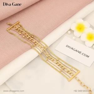 High-fashion gold multi-strand bracelet featuring five different chain styles laid out