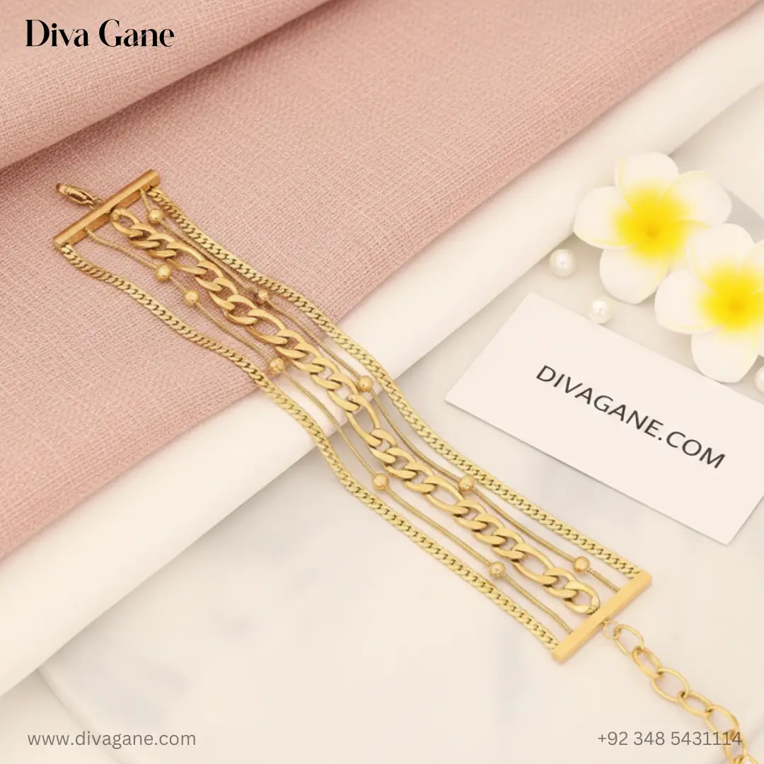 gold harmony layered bracelet High-fashion gold multi-strand bracelet featuring five different chain styles laid out