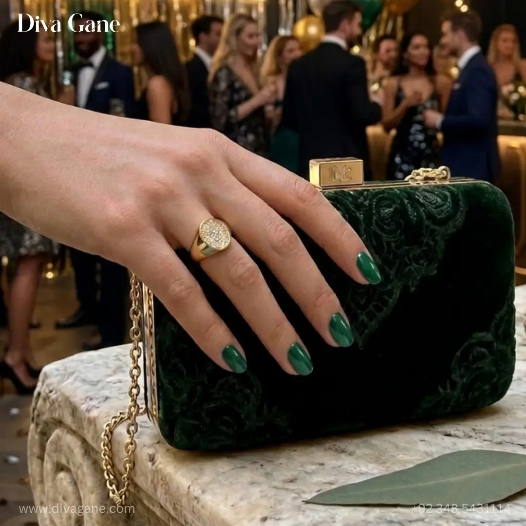 18k gold plated oval pavé signet ring Close-up of a woman's hand wearing a gold pavé signet ring, showcasing the sparkle against an outdoor garden background