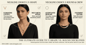 the ultimate guide to v shape vs. round necklinds featuring pieces from diva gane's 'metal' and 'braid' collections. find the perfect match for your style.